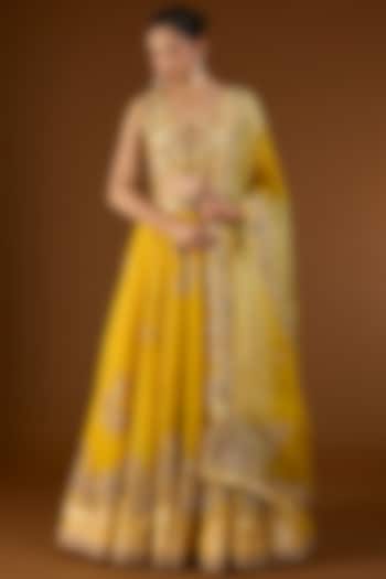 Yellow Shimmer Brocade Organza Bridal Lehenga Set by Petticoat Lane at Pernia's Pop Up Shop
