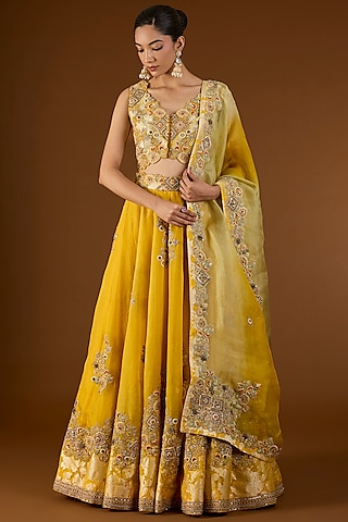 Yellow Shimmer Brocade Organza Lehenga Set by Petticoat Lane