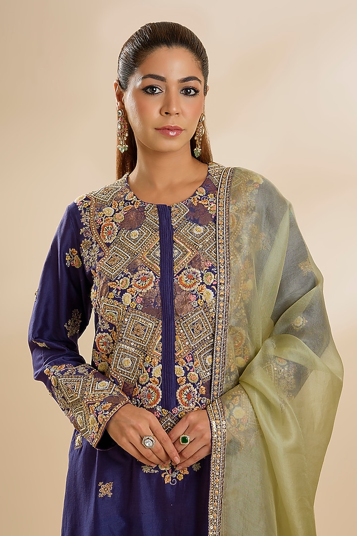 Purple Shimmer Brocade Chanderi Embroidered Kurta Set by Petticoat Lane at Pernia's Pop Up Shop