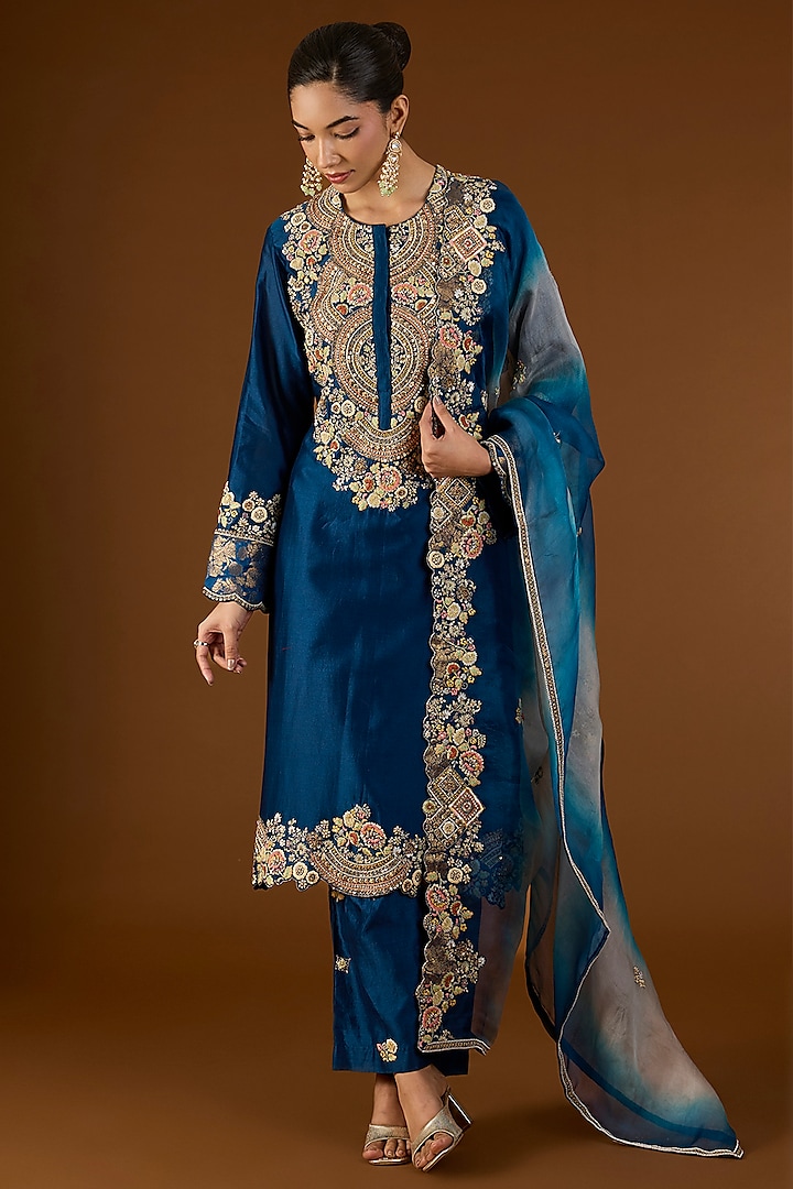 Navy Blue Shimmer Brocade Organza Hand & Machine Embroidered Kurta Set by Petticoat Lane at Pernia's Pop Up Shop