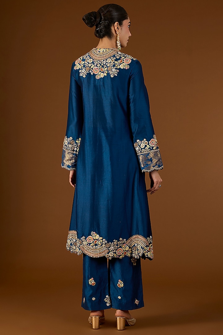 Navy Blue Shimmer Brocade Organza Hand & Machine Embroidered Kurta Set by Petticoat Lane at Pernia's Pop Up Shop