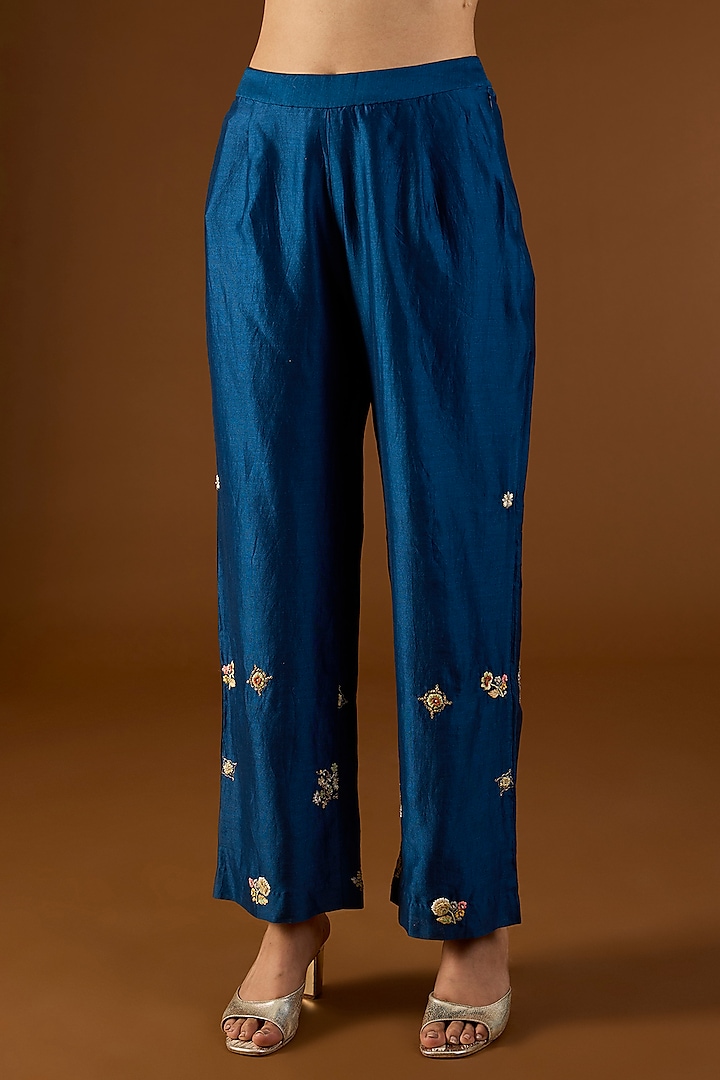 Navy Blue Shimmer Brocade Organza Hand & Machine Embroidered Kurta Set by Petticoat Lane at Pernia's Pop Up Shop