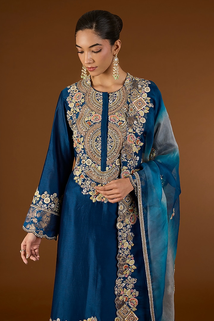 Navy Blue Shimmer Brocade Organza Hand & Machine Embroidered Kurta Set by Petticoat Lane at Pernia's Pop Up Shop