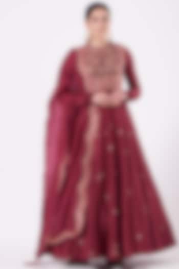 Maroon Chanderi Kalidar Anarkali Set by Petticoat Lane