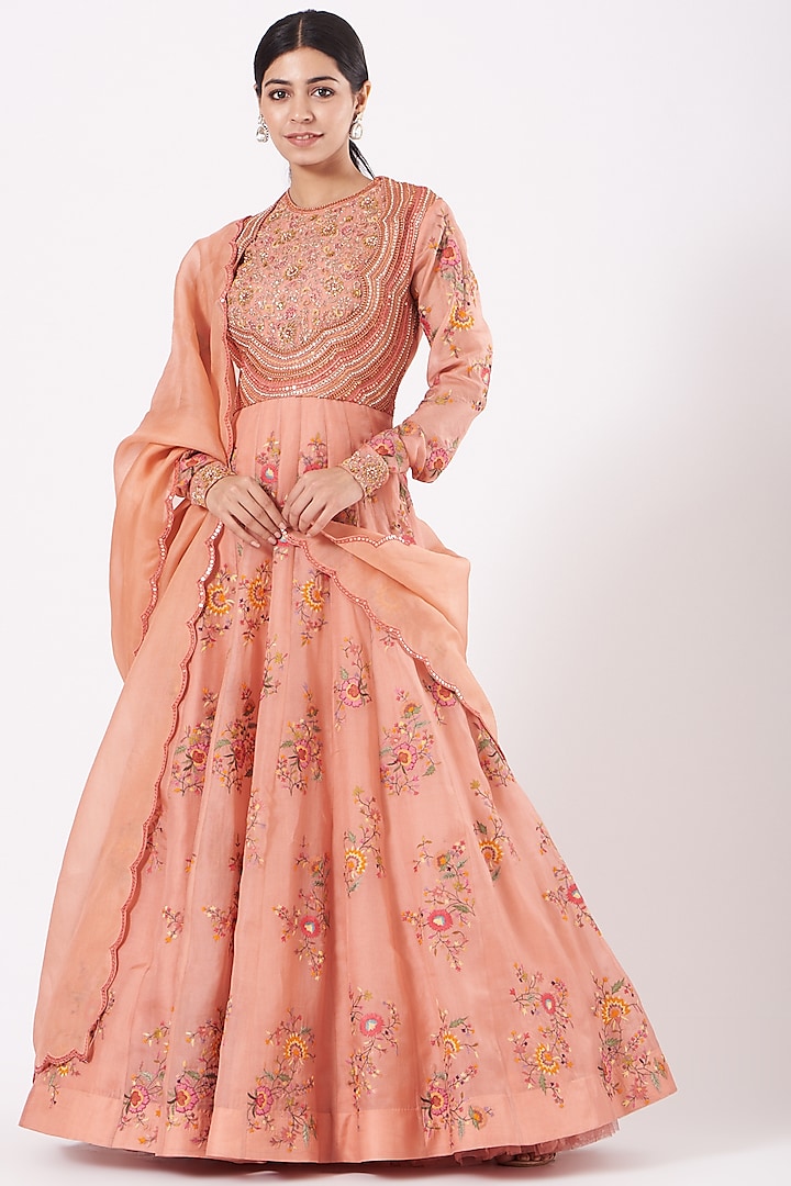 Peach Embroidered Kalidar Anarkali Set by Petticoat Lane