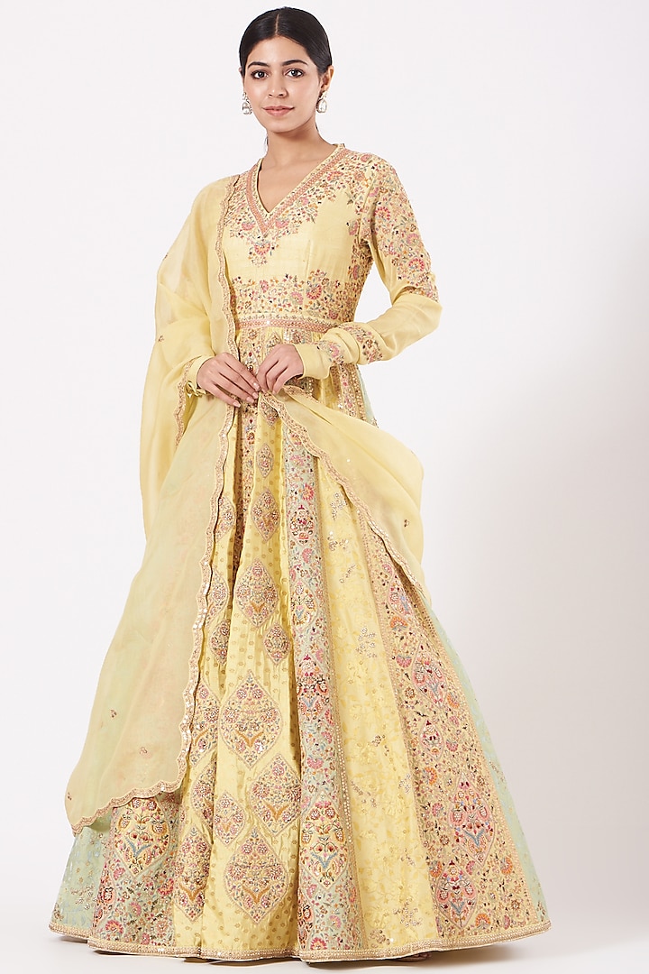 Yellow Embroidered Kalidar Anarkali Set by Petticoat Lane