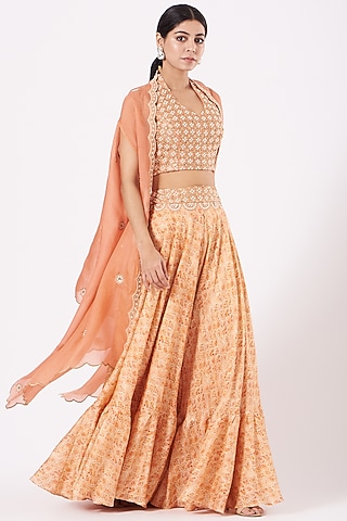 Peach Embroidered Sharara Set by Petticoat Lane