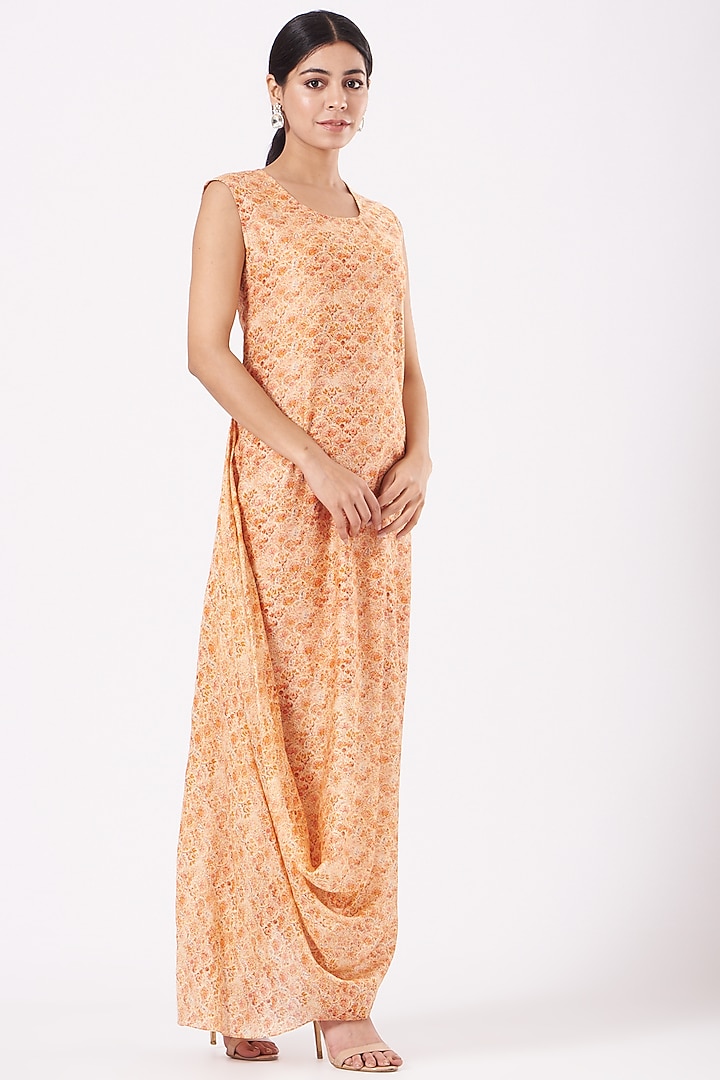 Peach Printed Cowl Kurta With Cape by Petticoat Lane at Pernia's Pop Up Shop