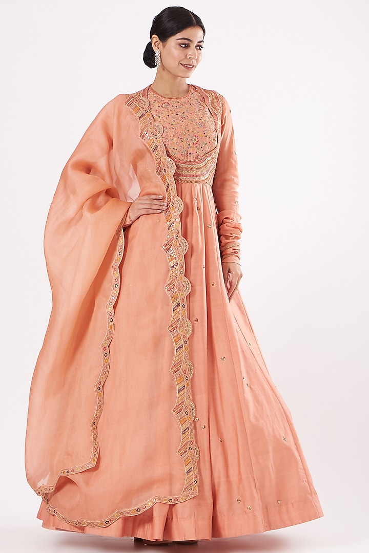 Peach Embroidered Kalidar Anarkali Set by Petticoat Lane