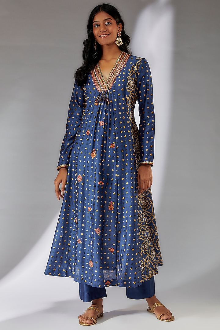 Blue Chanderi Bandhani Printed Kurta Set by Petticoat Lane