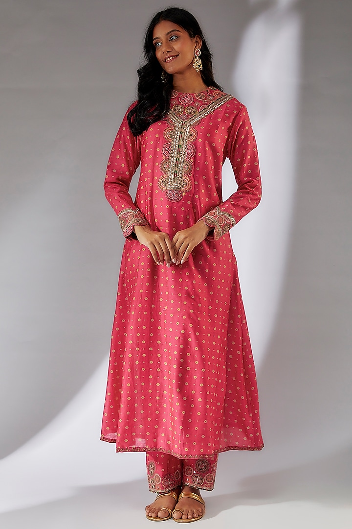 Pink Chanderi Bandhani Printed Kurta Set by Petticoat Lane
