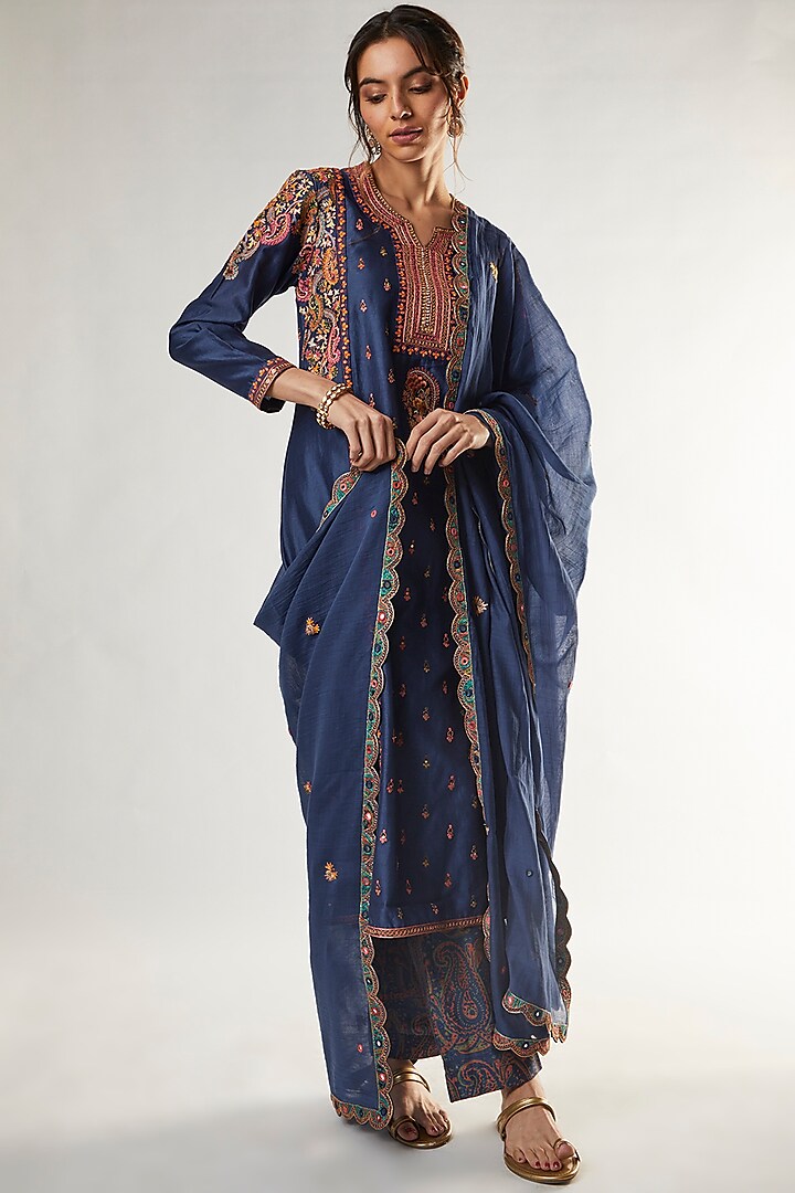 Blue Chanderi Kurta Set by Petticoat Lane at Pernia's Pop Up Shop