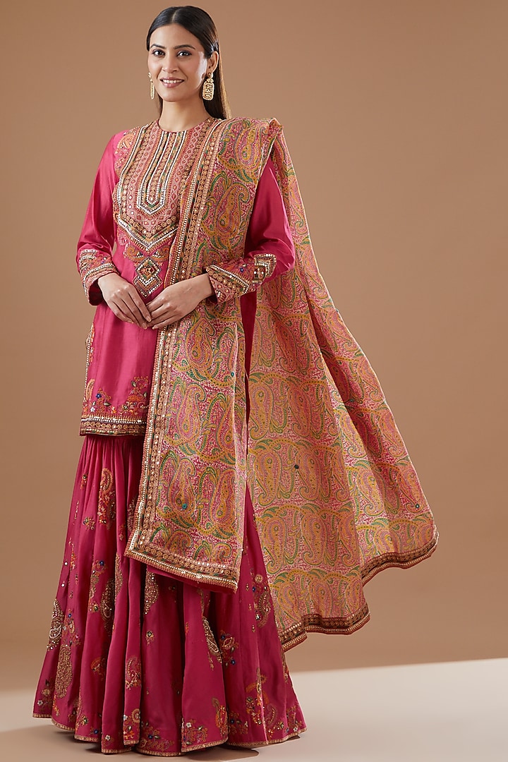 Red Chanderi Embroidered Bridal Sharara Set by Petticoat Lane at Pernia's Pop Up Shop