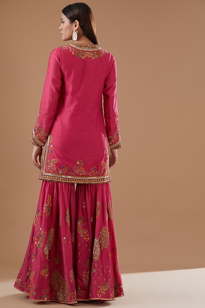 Red Chanderi Embroidered Bridal Sharara Set by Petticoat Lane at Pernia's Pop Up Shop