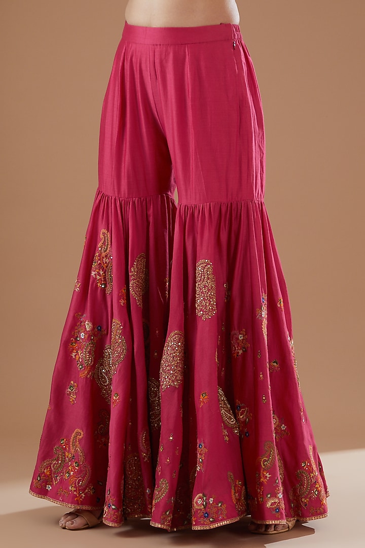 Red Chanderi Embroidered Bridal Sharara Set by Petticoat Lane at Pernia's Pop Up Shop