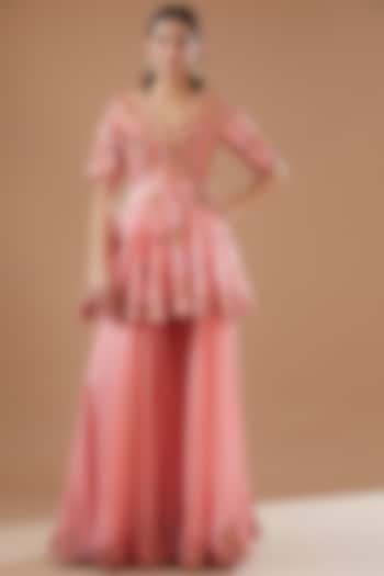 Peach Organza Wedding Sharara Set by Petticoat Lane at Pernia's Pop Up Shop