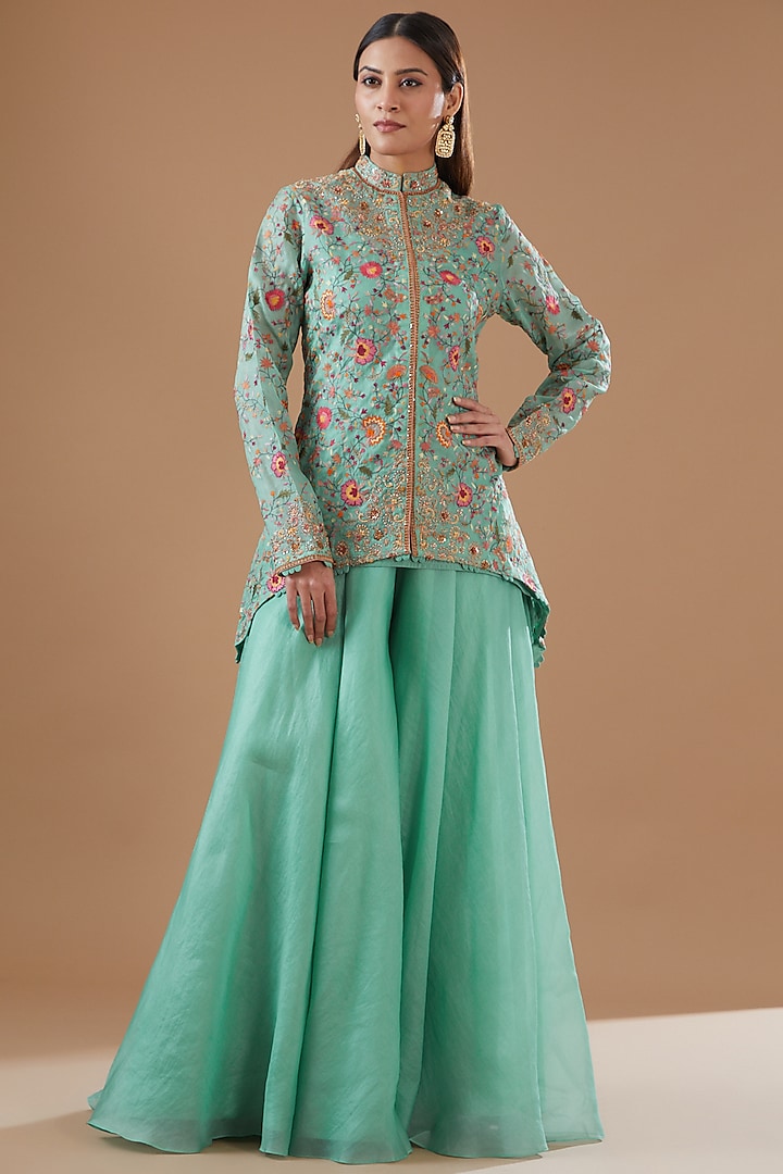 Turquoise Chanderi Sharara Set by Petticoat Lane
