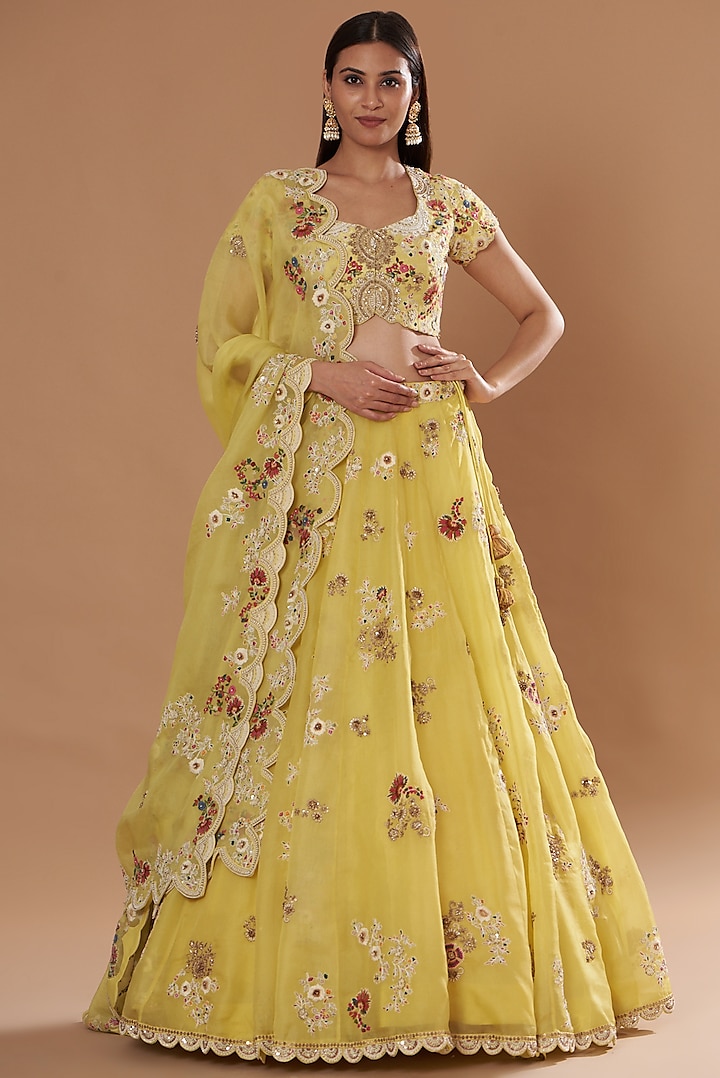 Yellow Organza Embroidered Bridal Lehenga Set by Petticoat Lane at Pernia's Pop Up Shop