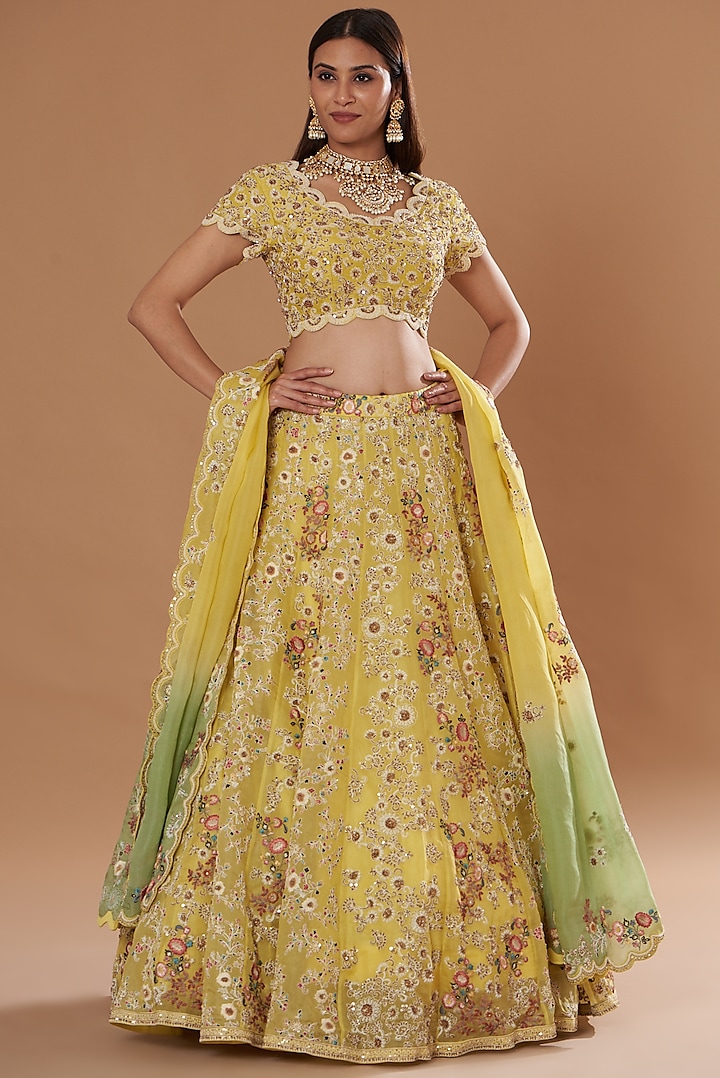 Yellow Organza Embroidered Bridal Lehenga Set by Petticoat Lane at Pernia's Pop Up Shop