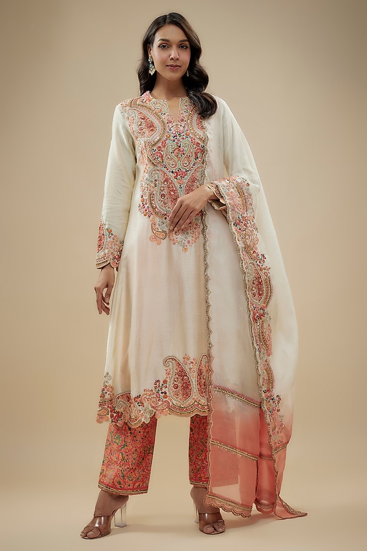 Ivory Chanderi Dori Embroidered A-Line Kurta Set by Petticoat Lane at Pernia's Pop Up Shop