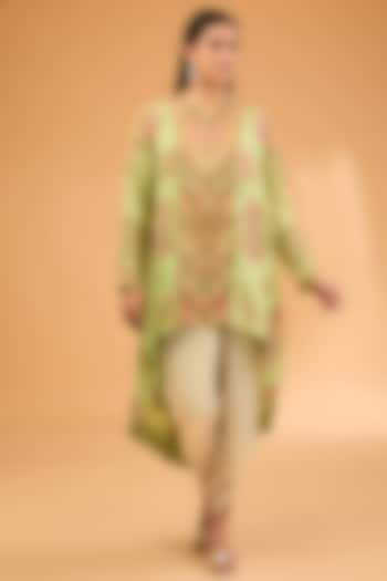 Green Jamavar Chanderi Embroidered High-Low Jacket Set by Petticoat Lane at Pernia's Pop Up Shop