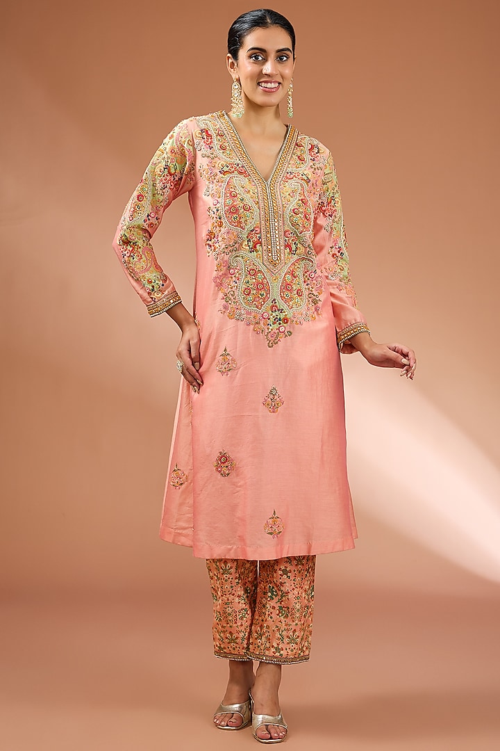 Pink Chanderi Jamewar Patchwork A-Line Kurta Set by Petticoat Lane at Pernia's Pop Up Shop