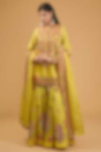 Yellow Organza Boota Embroidered Sharara Set by Petticoat Lane at Pernia's Pop Up Shop