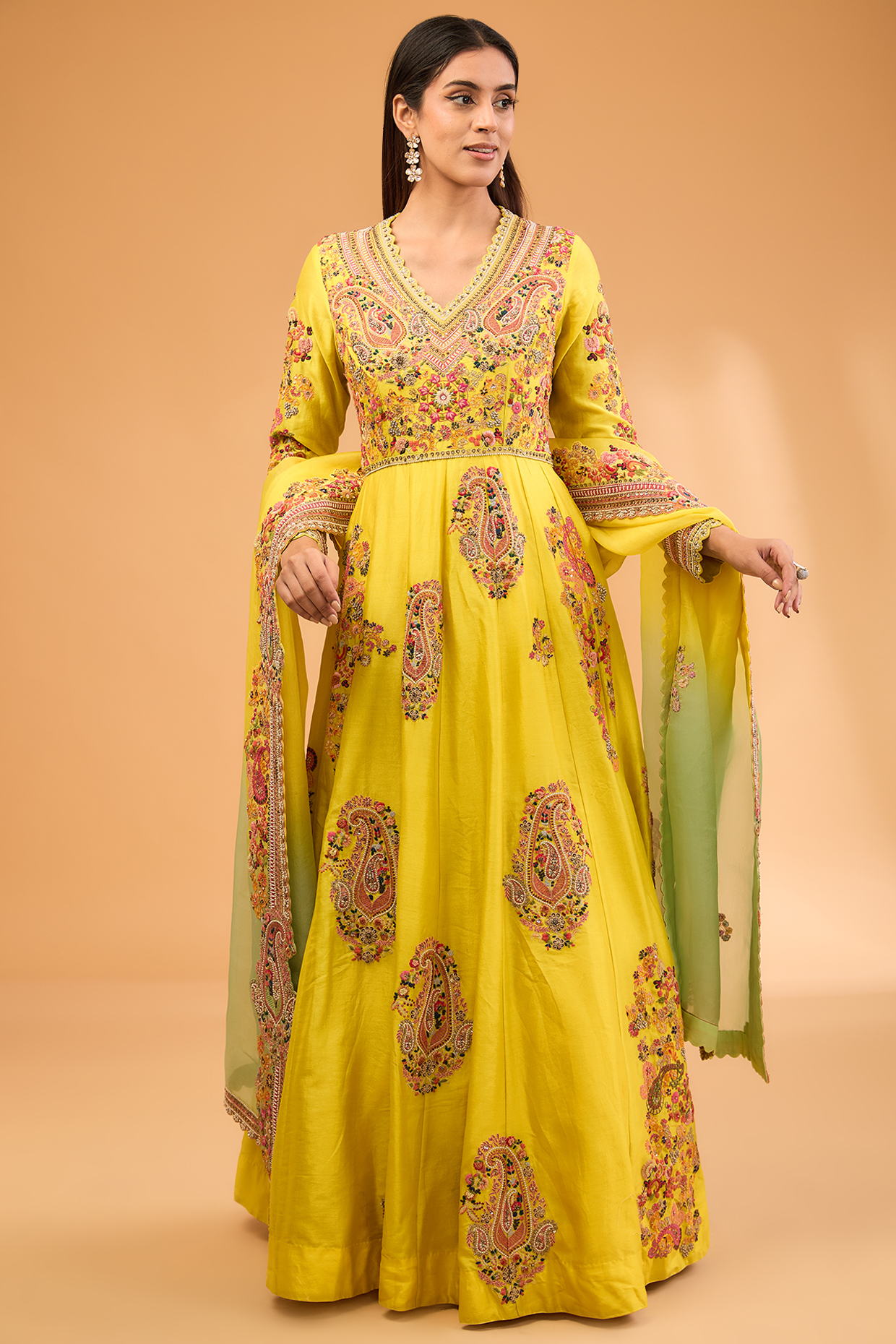 Yellow Chanderi Boota Work Kalidar Bridal Anarkali Set by Petticoat Lane at Pernia's Pop Up Shop
