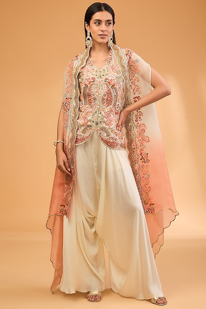 Ivory Organza Paisley Embroidered Cape Set by Petticoat Lane at Pernia's Pop Up Shop