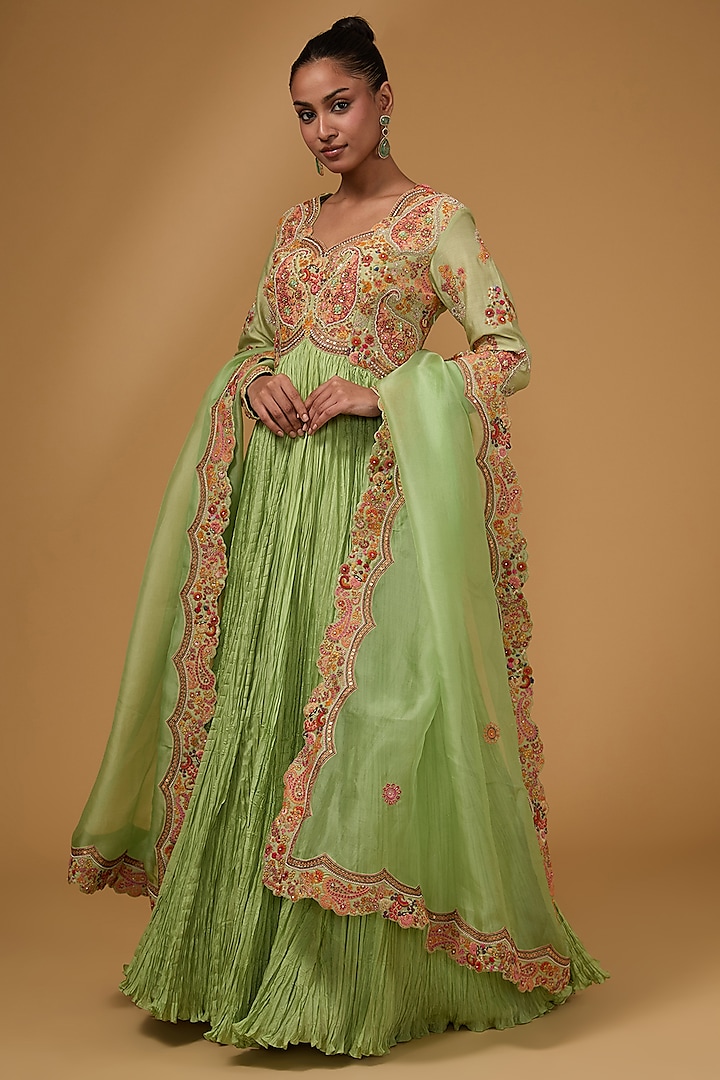 Mint Chanderi & Dupion Dori Embroidered Crushed Kalidar Anarkali Set by Petticoat Lane