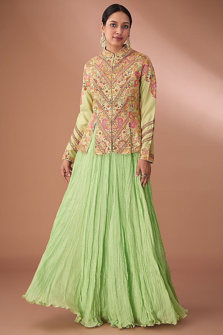 Green Chanderi Chevron Dori Embroidered Jacket Set by Petticoat Lane at Pernia's Pop Up Shop