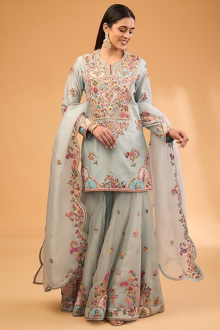 Blue Organza Bridal Sharara Set by Petticoat Lane at Pernia's Pop Up Shop