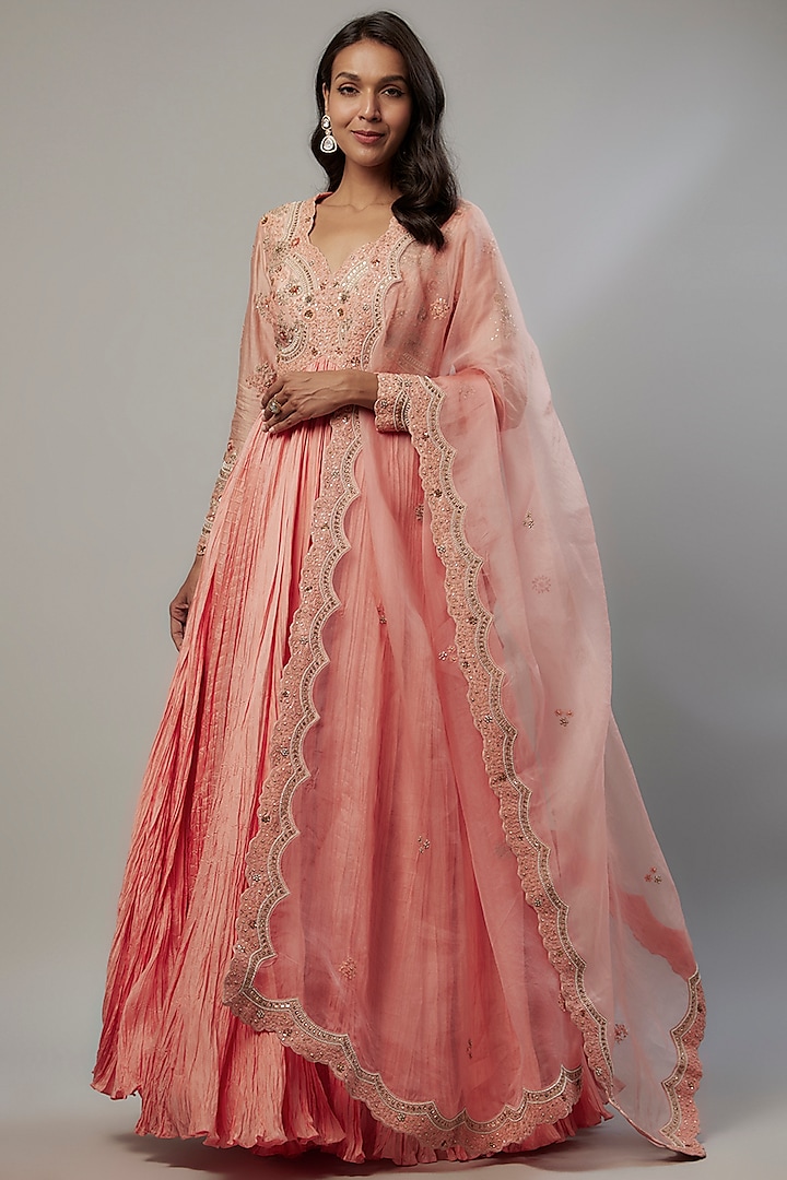 Pink Chanderi Dori Embroidered Anarkali Set by Petticoat Lane at Pernia's Pop Up Shop