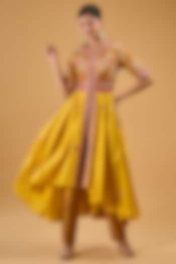 Yellow Chanderi Asymmetrical Dori Embroidered Anarkali Set by Petticoat Lane