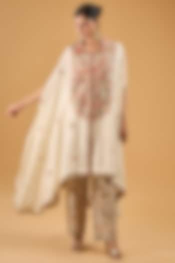 Ivory Chanderi & Dupion Embroidered Cape Set by Petticoat Lane