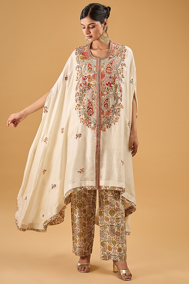 Ivory Chanderi & Dupion Embroidered Cape Set by Petticoat Lane
