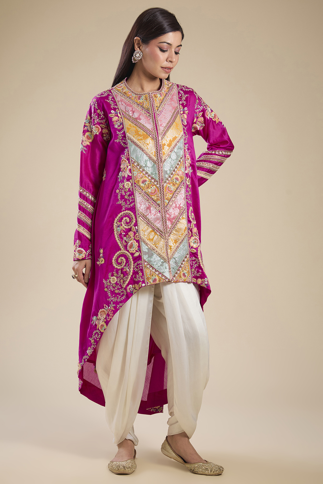 Fuchsia Pink Brocade & Chanderi Patchwork Asymmetrical Kurta Set by Petticoat Lane at Pernia's Pop Up Shop