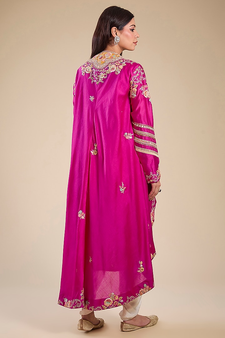 Fuchsia Pink Brocade & Chanderi Patchwork Asymmetrical Kurta Set by Petticoat Lane at Pernia's Pop Up Shop