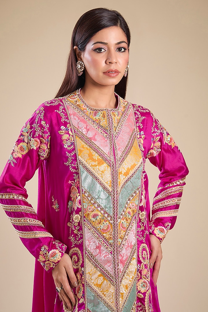 Fuchsia Pink Brocade & Chanderi Patchwork Asymmetrical Kurta Set by Petticoat Lane at Pernia's Pop Up Shop