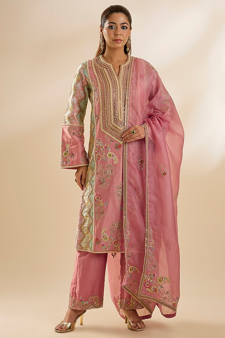 Lilac Brocade & Chanderi Embroidered A-line Kurta Set by Petticoat Lane at Pernia's Pop Up Shop