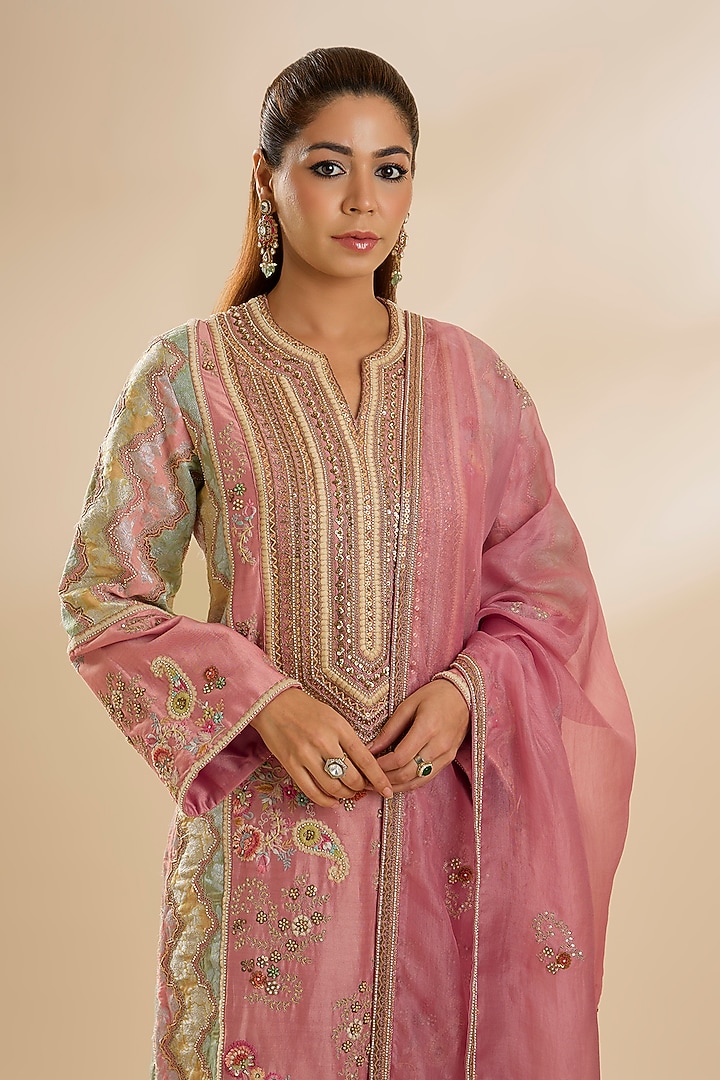 Lilac Brocade & Chanderi Embroidered A-line Kurta Set by Petticoat Lane at Pernia's Pop Up Shop