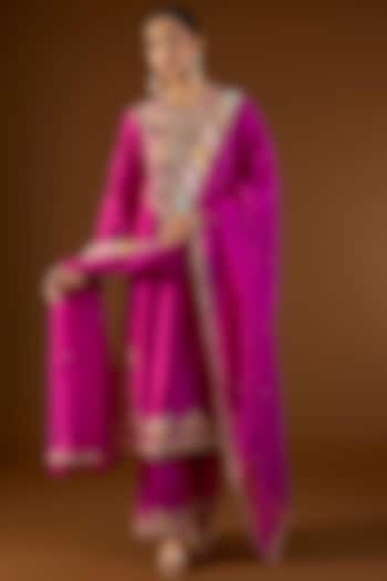 Fuchsia Pink Brocade Hand & Machine Embroidered Straight Kurta Set by Petticoat Lane at Pernia's Pop Up Shop