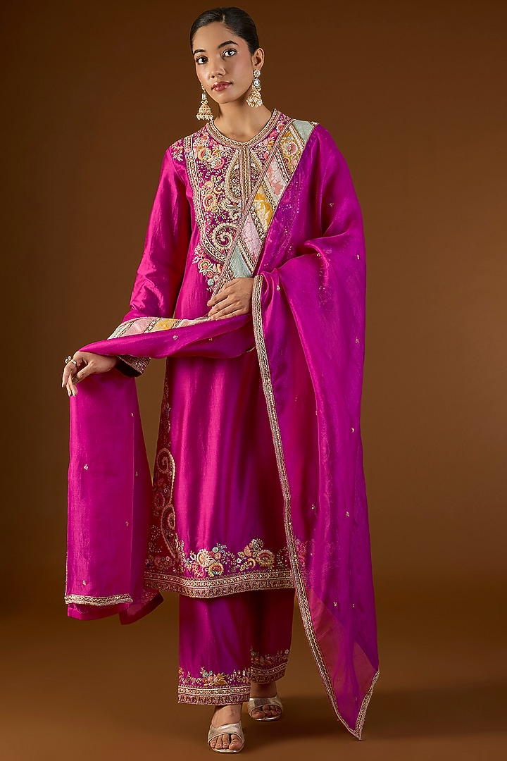 Fuchsia Pink Brocade Hand & Machine Embroidered Straight Kurta Set by Petticoat Lane at Pernia's Pop Up Shop