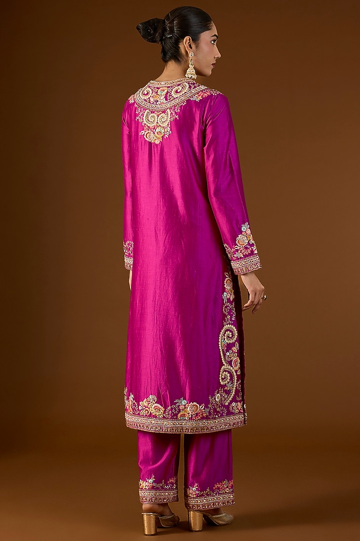Fuchsia Pink Brocade Hand & Machine Embroidered Straight Kurta Set by Petticoat Lane at Pernia's Pop Up Shop