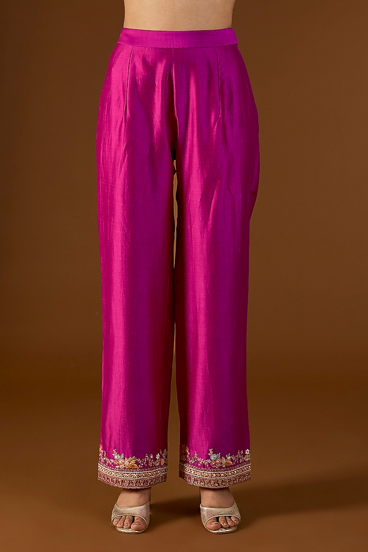 Fuchsia Pink Brocade Hand & Machine Embroidered Straight Kurta Set by Petticoat Lane at Pernia's Pop Up Shop