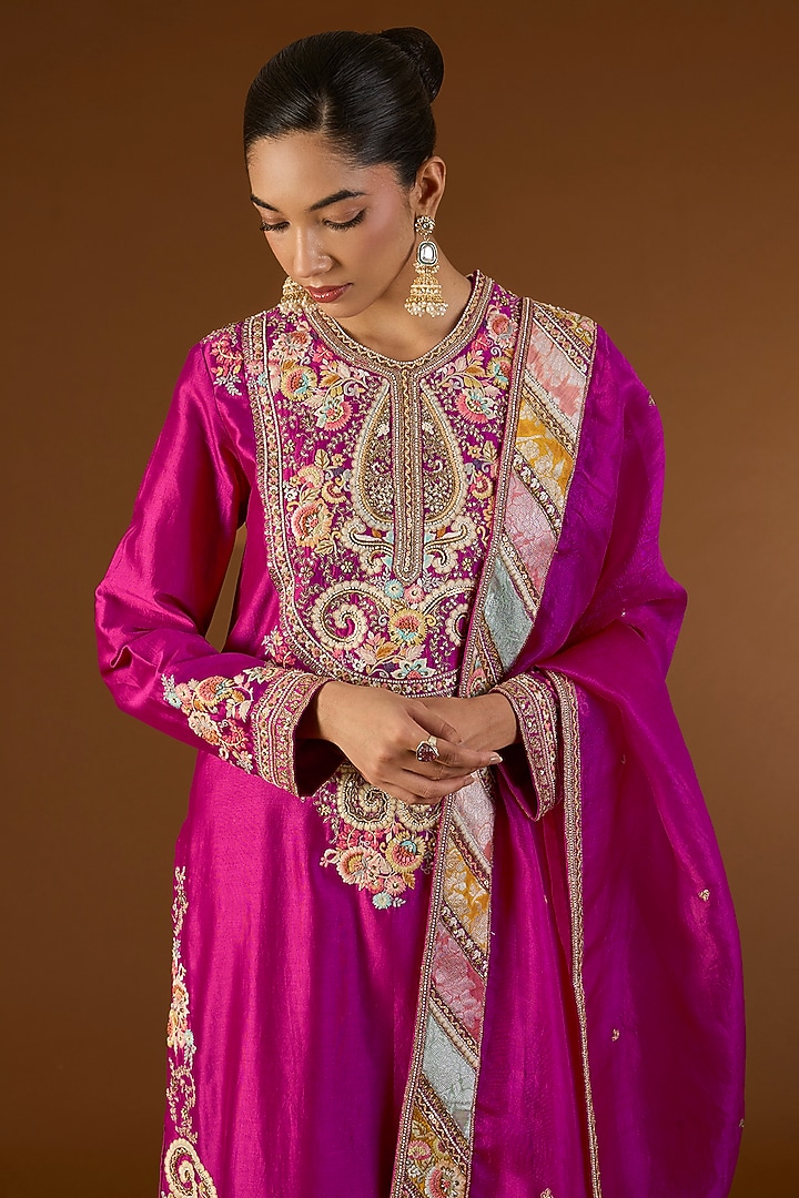 Fuchsia Pink Brocade Hand & Machine Embroidered Straight Kurta Set by Petticoat Lane at Pernia's Pop Up Shop