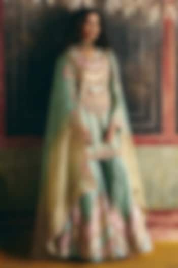 Cyan Organza Patchwork Bridal Sharara Set by Petticoat Lane at Pernia's Pop Up Shop