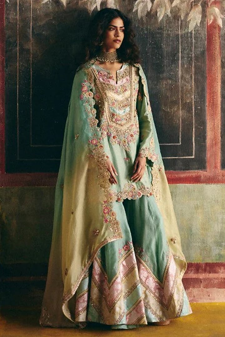 Cyan Organza Patchwork Bridal Sharara Set by Petticoat Lane at Pernia's Pop Up Shop