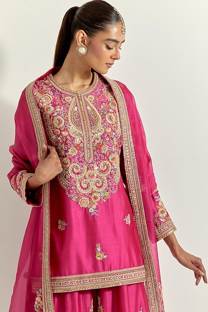 Fuchsia Pink Chanderi Bridal Sharara Set by Petticoat Lane at Pernia's Pop Up Shop