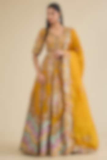 Mustard Organza Brocade Patchwork Kalidar Bridal Lehenga Set by Petticoat Lane at Pernia's Pop Up Shop